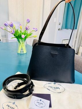 Authentic Prada Black Saffiano Leather Top-Handle Shoulder Bag
